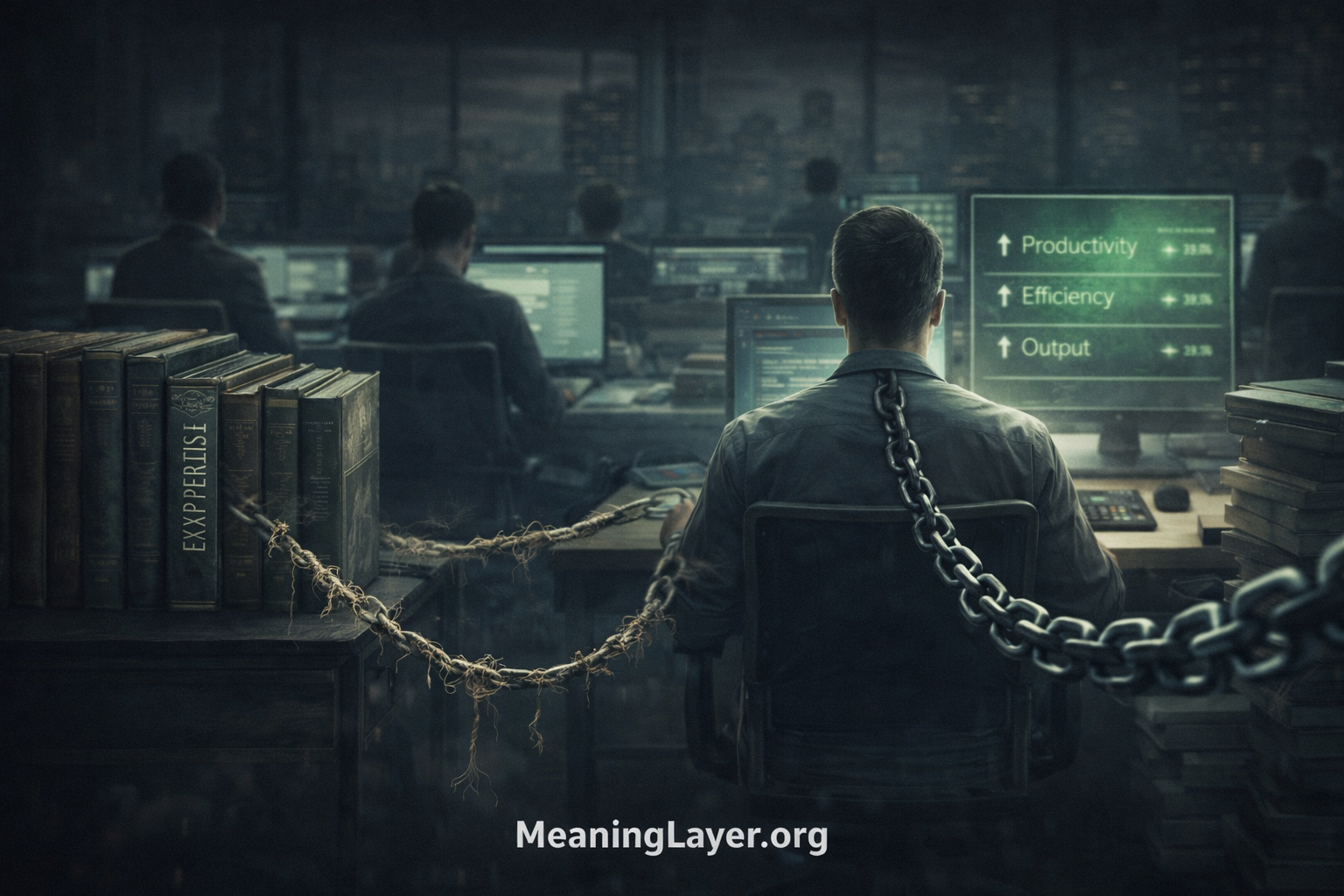 Professional bound by chains watching productivity metrics show green while frayed rope disconnects them from expertise books, visualizing dependency revenue model hidden by performance metrics