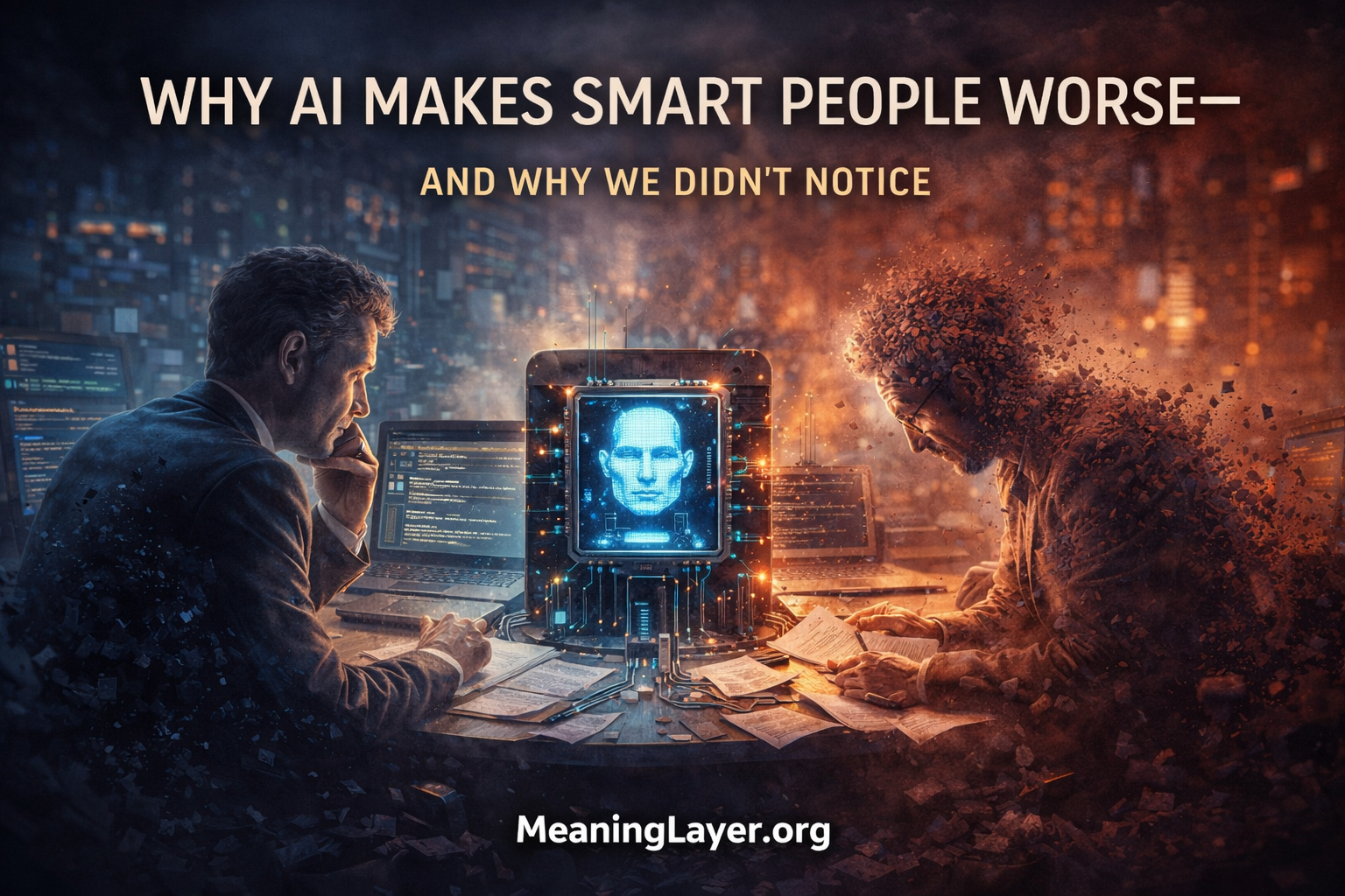 Senior professional working with AI device while expertise visually disintegrates on other side, illustrating how AI assistance degrades expert capability faster than novice knowledge through removal of cognitive persistence