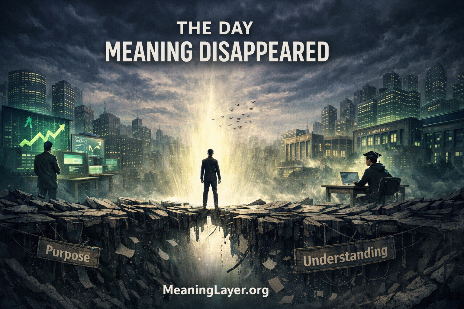 Three people on separate platforms over chasm where purpose and understanding have fallen, with functioning city in background showing Silent Functional Collapse where systems work but meaning disappeared