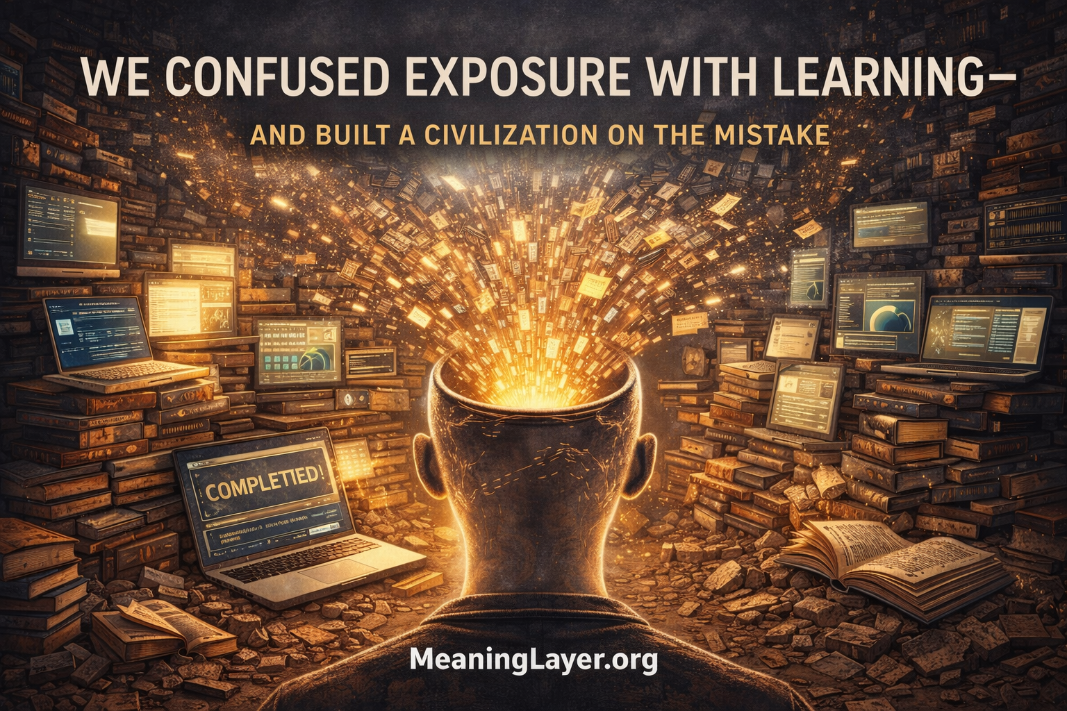 Head with open top receiving massive explosion of information from books, screens, and digital sources, illustrating civilization's confusion between exposure to information and genuine learning that persists