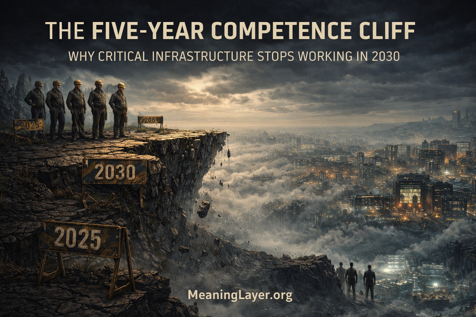 Five infrastructure engineers standing on crumbling cliff edge marked 2030 with city below in fog, showing five-year window before pre-AI expertise retires and Succession Collapse becomes irreversible