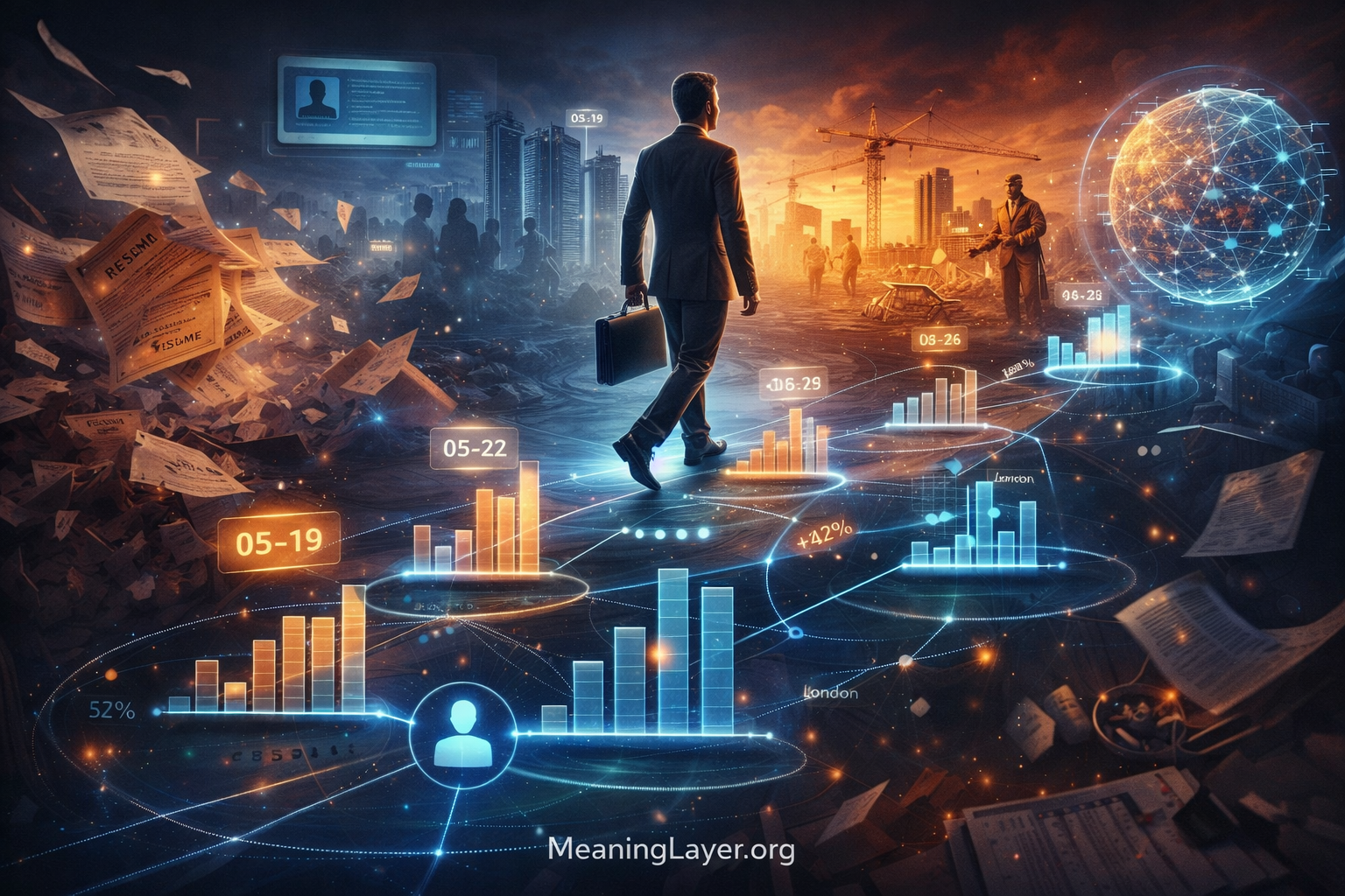 Professional walking from burning resumes toward global verified contribution network, symbolizing transition from credential theater to portable identity in Web4