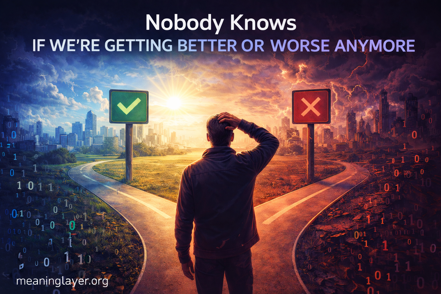 Person at crossroads between successful green city and apocalyptic red city, unable to tell which path leads where, illustrating measurement blindness where success and failure metrics look identical