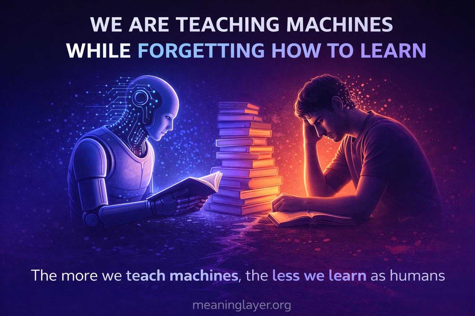 Human figure fading while teaching glowing AI brain, illustrating training asymmetry where machines learn from every interaction while humans forget how to learn through struggle removal
