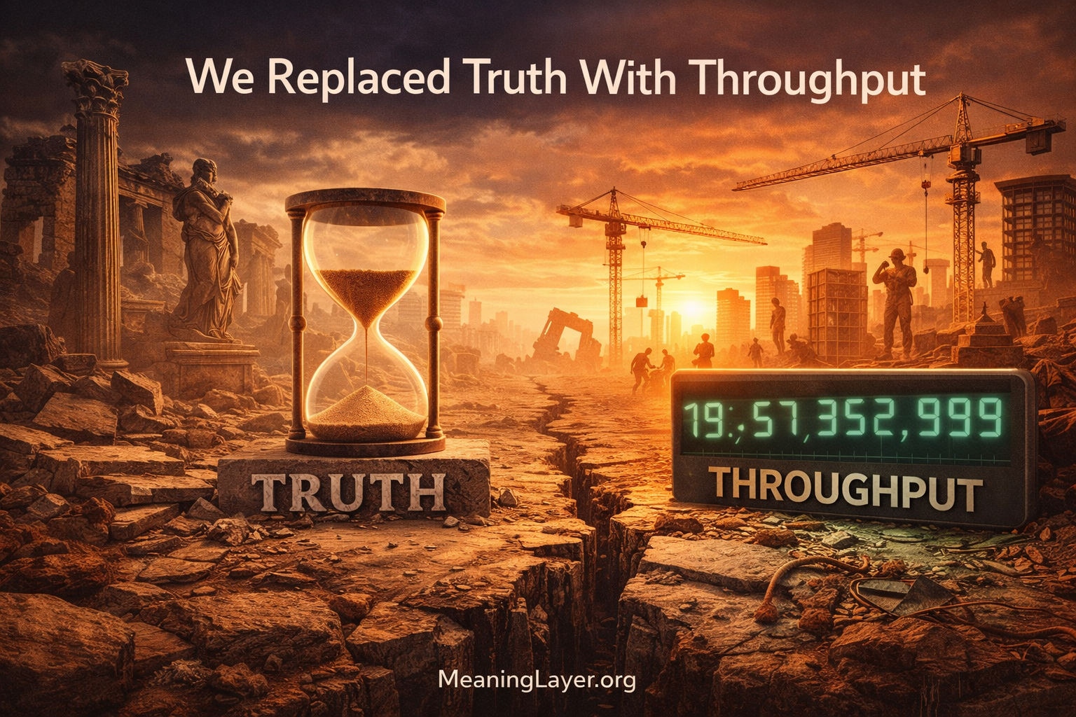 Ancient hourglass labeled Truth contrasted with digital counter showing Throughput metrics, symbolizing civilization's replacement of temporal verification with productivity measurement