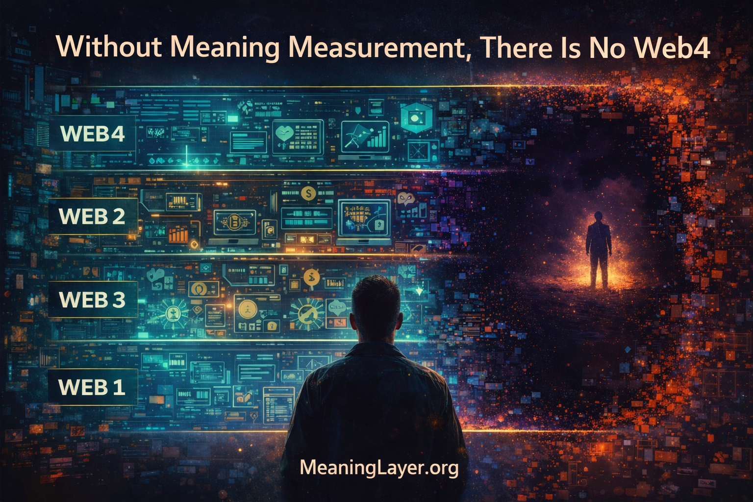 Person viewing Web1 through Web4 layers with Web4 dissolving into particles, illustrating that Web4 cannot exist without meaning measurement