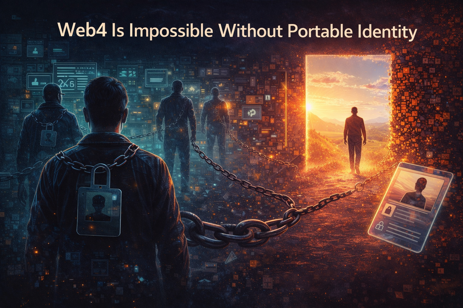 Users chained to platforms on left, one person walking free through portal to freedom on right, illustrating platform lock-in versus portable identity in Web4